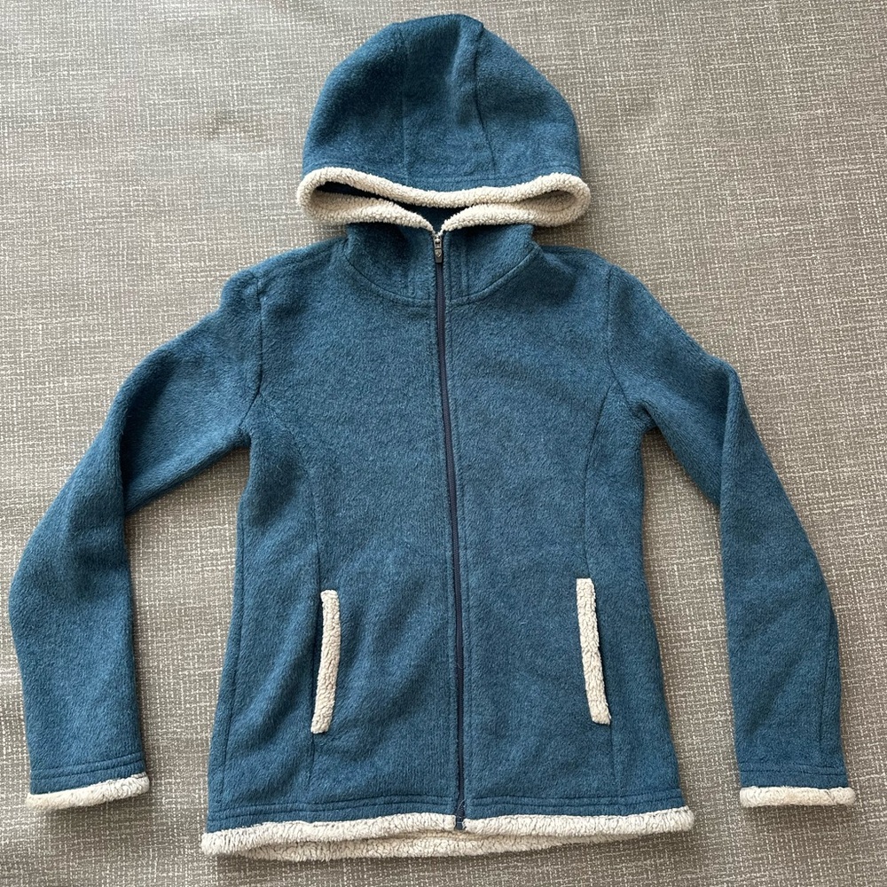 KUHL Youth Hooded Fleece Jacket Teal Sherpa Trim Full Zip Cozy Hoodie Size M 10